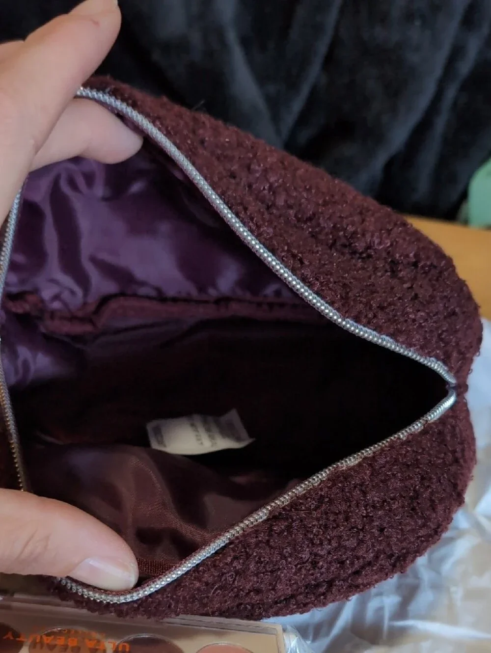 Ulta Beauty Plum Cosmetic Bag with Neutral Eyeshadow Palette & Pink Sponge